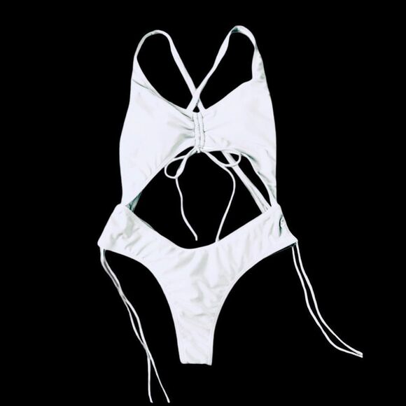 Women 1 Piece Summer Hollow Sexy Bikini with Long Tassel Drawstring Color White - Picture 1 of 16